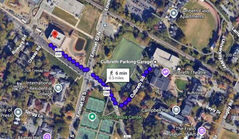 Walking route from Culbreth Garage to the School of Data Science.