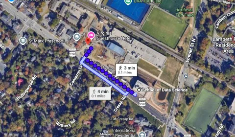 Walking route between the School of Data Science and The Poplar.