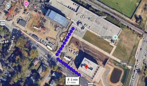 Walking route from Emmet/Ivy Garage to the School of Data Science.