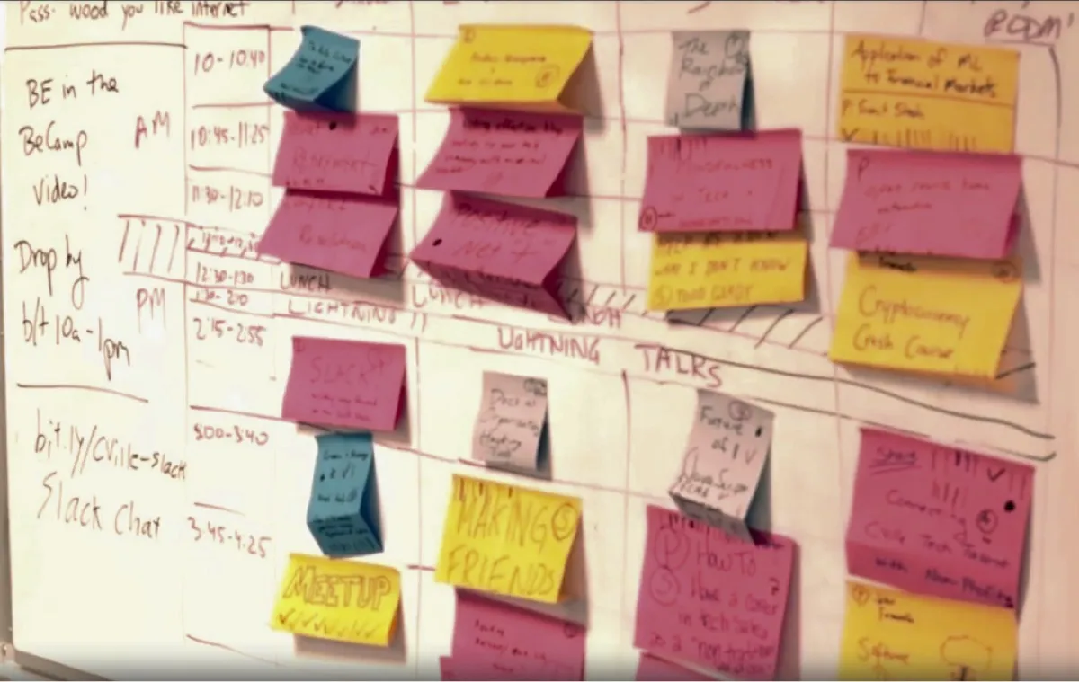 A beCamp session's sticky-note pitch board