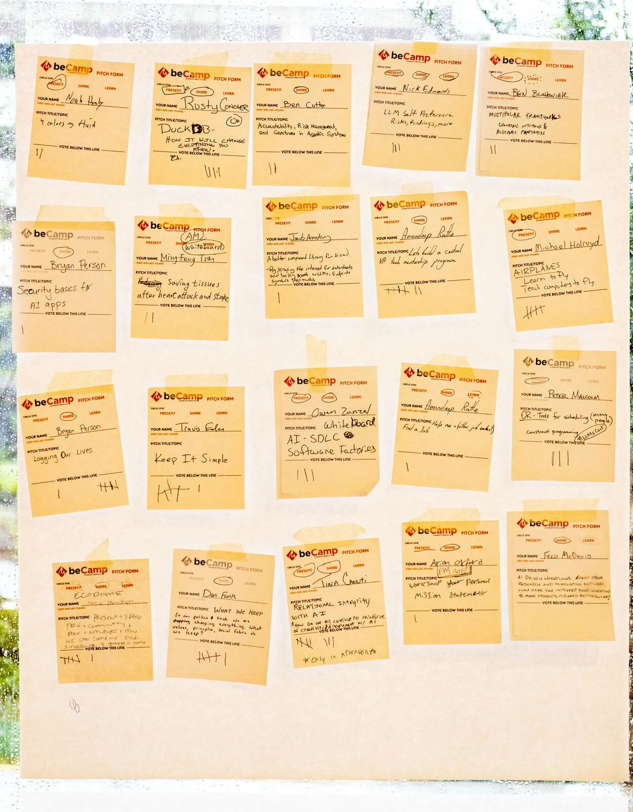 Pitch cards with vote tallies arranged in rows on a white board