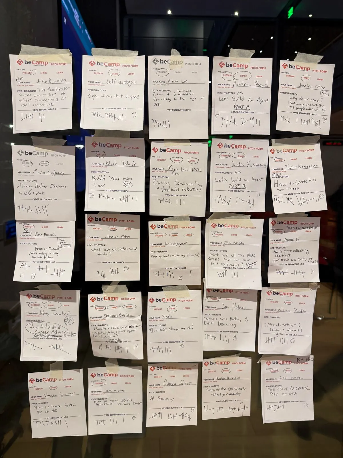 The pitch board: rows of handwritten pitch cards on a dark wall